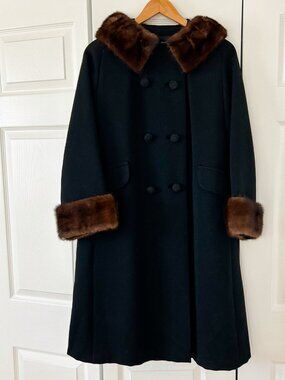 Vintage I J Fox Cleveland Wool Coat Womens Fur Collar Full Length Black Medium